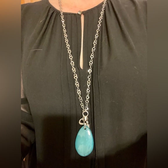 Silver colored necklace with large aqua colored stone, letter S & silver tassel - Picture 3 of 8